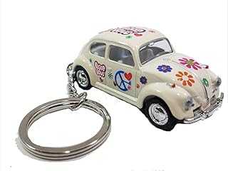 White Classic Love & Peace Volkswagen Hippie Beetle Keychain 1/64 Pastel Color Diecast Car