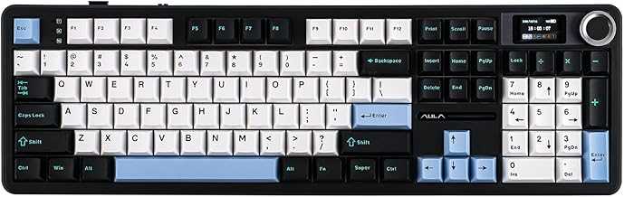 X Aula F108 PRO Wireless Gaming Keyboard with Screen, 8000mAh Battery, 104 Hot-Swappable and Programmable Keys and Knob, RGB Backlight, for Mac/PC/Android (Blue&White&Black)