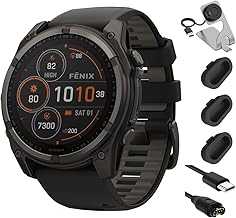 Fenix 8 47 mm, Solar Sapphire, Carbon Gray DLC Titanium with Black/Pebble Gray Bundle with Deco Essentials Charging Dock + Silicone Dust Cover 3 Pack + USB Type C Charging Cable