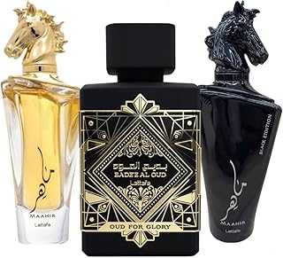 for Unisex 3 Piece Eau de Parfum Gift Set (Bade'e Al Oud Oud for Glory + Maahir + Maahir Black Edition for Men) 3.4 Ounce/100 ml each