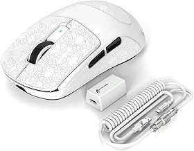 R6PRO 39g Superlight Wireless Gaming Mouse,PixArt PAW3950MAX 42000 DPI,MCU Nodic 52840 Computer Mouse,8K Polling Rate Web Driver,BT/2.4Ghz/Wired Tri-Mode Mice with Coiled Cable-White&Tape