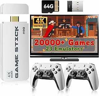Upgrade Retro Gaming Console Pro, Wireless Retro Game Stick Console with 20000+ Games, Built-in 23 Game Emulators, Video Games Plug and Play with Upgrade Dual 2.4G Wireless Controllers White (64G)