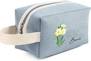Generic Personalized Cosmetic Bag - Costom Name & Birth Flower Travel Makeup Bag Pouch Gift Ideal for Women Bride Friend Mom Wedding Birthday (blue)