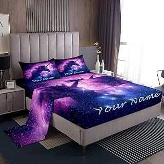 Personalized Name Fitted Sheet Unicorn Print Costom Bed Sheet Set Customized Flat Sheet for Boys Girls Kids King Size with 2 Pillowcases