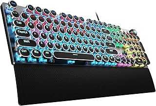 F2088 Typewriter Style Mechanical Gaming Keyboard Blue Switches,Rainbow LED Backlit,Removable Wrist Rest,Media Control Knob,Retro Punk Round Keycaps,USB Wired Computer Keyboard