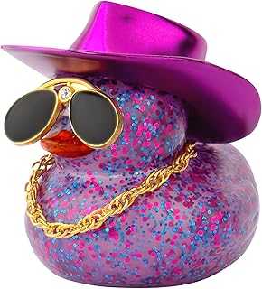 Car Rubber Duck, Dashboard Decorations Colorful Laser Cowboy Hat Ducky for Car Ornament Accessories Ducks with Hat, Necklace, Diamond Glasses (Blink Dark Purple)