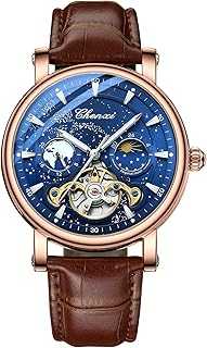 Luxury Mens Automatic Watch Luminous Starry Sky Dial Tourbillon Silver Stainless Steel Case Leather Strap 12/24 Hours Waterproof Moon Phase Watches