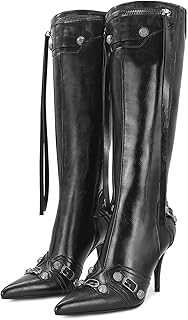 Women's Stiletto Black Knee High Boots Sexy Pointed Toe Boot Fashion Trendy High Heel Boots Zipper