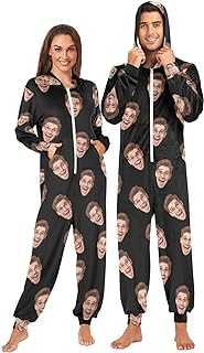 Custom Unisex Adult One-piece Pajamas with Face Photo Personalized Sleepwear Jumpsuits for Couples Christmas