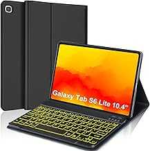 Samsung S6 Lite Tablet 10.4 Inch 2022/2020 Case with Keyboard, Smart 7 Colors Backlight and Detachable Wireless Bluetooth Keyboard & PU Folio Stand Cover Case for Tab SM-P610/P613/P615/P619,Black
