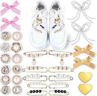 30 Pcs Sneakers Shoe Charms DIY Junk Socks Shoelace Charms Bling Shoe Lace Decorations Pearl Brooches Safety Pins Clips with Letter Beads Accessories Kit for Costom Hat Clothes Bows Jewelry