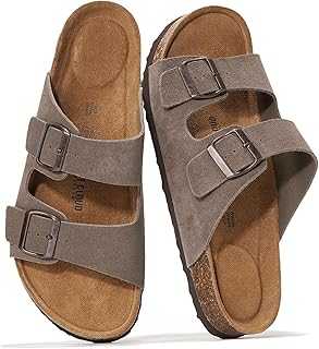 Genuine Leather Mens Sandals with Memory Foam Natural Cork Footbed Slides for Men Footwear - Non-Slip Double-Strap Buckle Summer Sandals (Arizona)