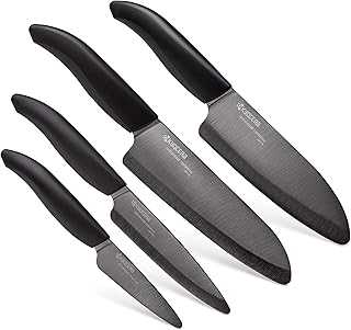 Kyocera’s Revolution 4-Piece Ceramic Knife Set: Chef Knife For Your Cooking Needs, Includes 6"Chef's Santoku, 5.5" Santoku, 4.5" Utility & 3" Paring Knives, Black