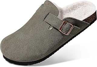 Women's Fur Lined Suede Clogs Fuzzy Cork Footbed Mules Slip On Winter Potato Shoes