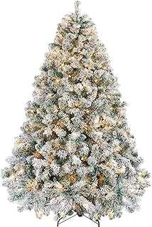 Yaheetech 6ft Pre-lit Artificial Christmas Tree with Incandescent Warm White Lights, Snow Flocked Full Prelighted Xmas Tree W/820 Branch Tips, 250 Incandescent Lights & Foldable Stand, Green & White