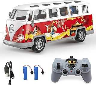 Remote Control Bus 2.4G Remote Control 1962 Volkswagen Classic Bus with Decals Retro Truck Model with Lights Sound Electric Vehicle Playsets Cars for Kids Toy